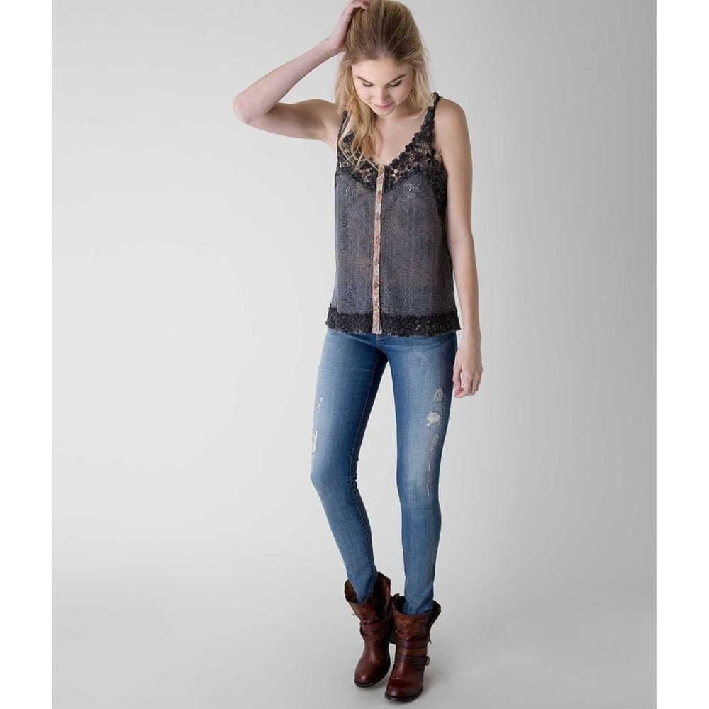 Gimmicks by BKE Crochet Tank Top Women's SZ Small Grays Floral Button Boho Hippi